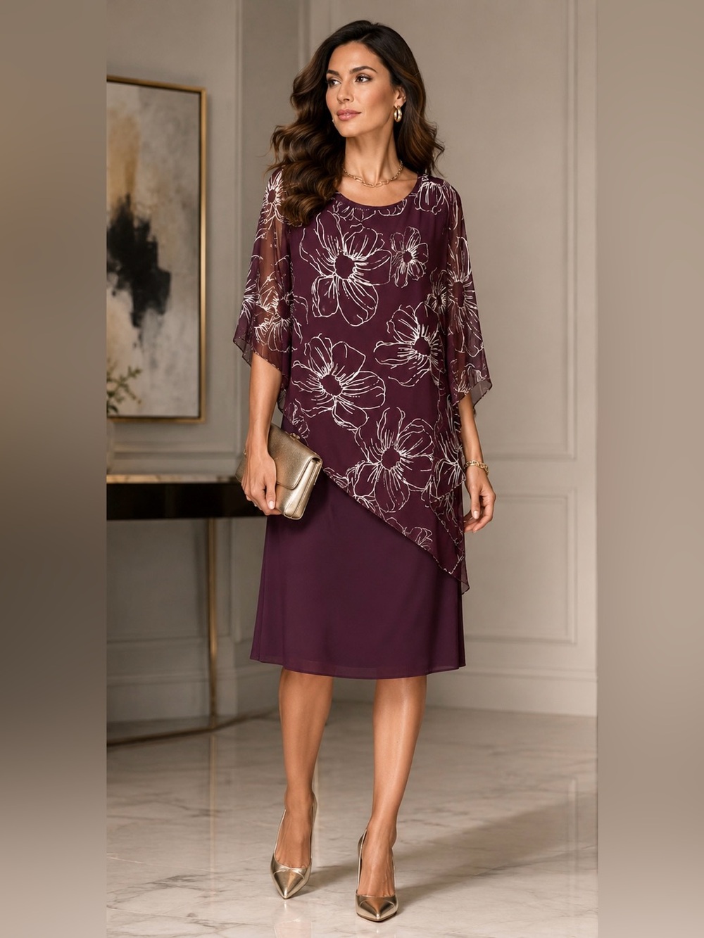 Ignite Evenings Elegant Plum Floral Chiffon Overlay Cocktail Dress, Size 16W